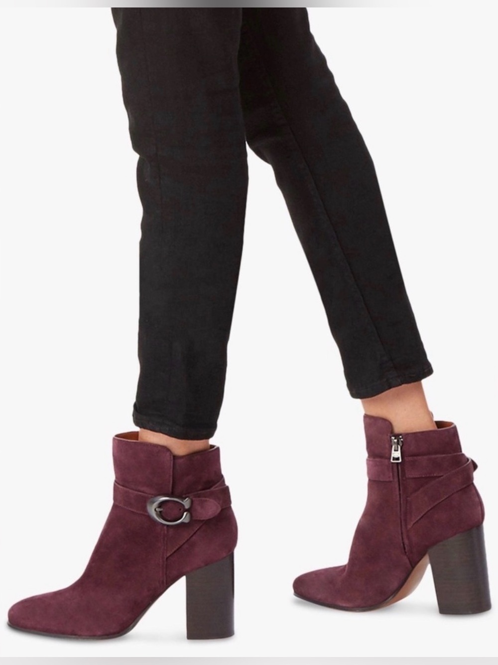 COACH Delaney Burgundy Suede Signature Buckle Ankle Booties Block Heel Size 9